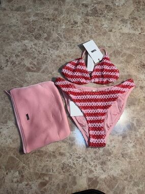 triangl swimwear Pink and Red Crochet Stripe Bikini with Pink Pouch